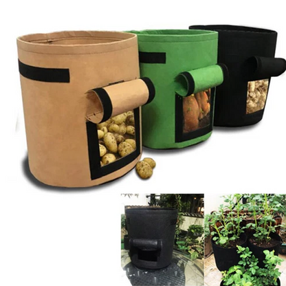 Cloth crop planting bags with harvesting windows